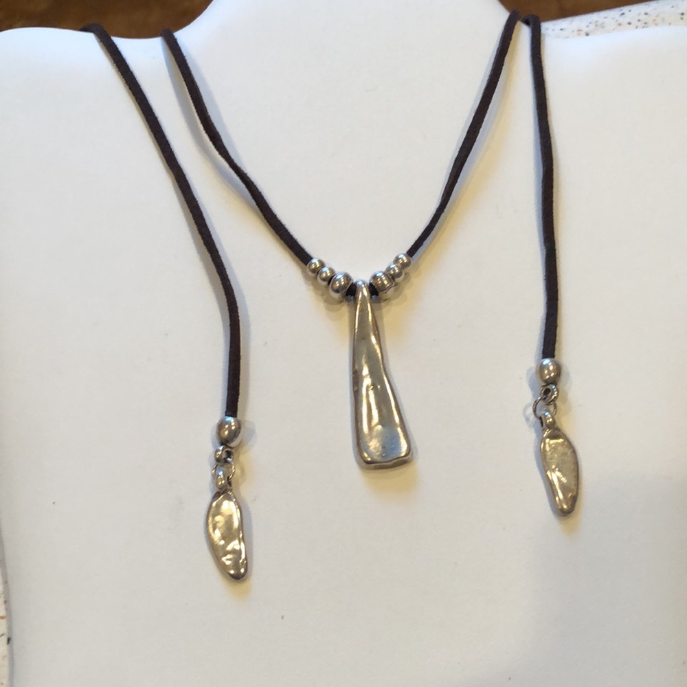 Boho silver & dark brown soft leather wrap lariat necklace